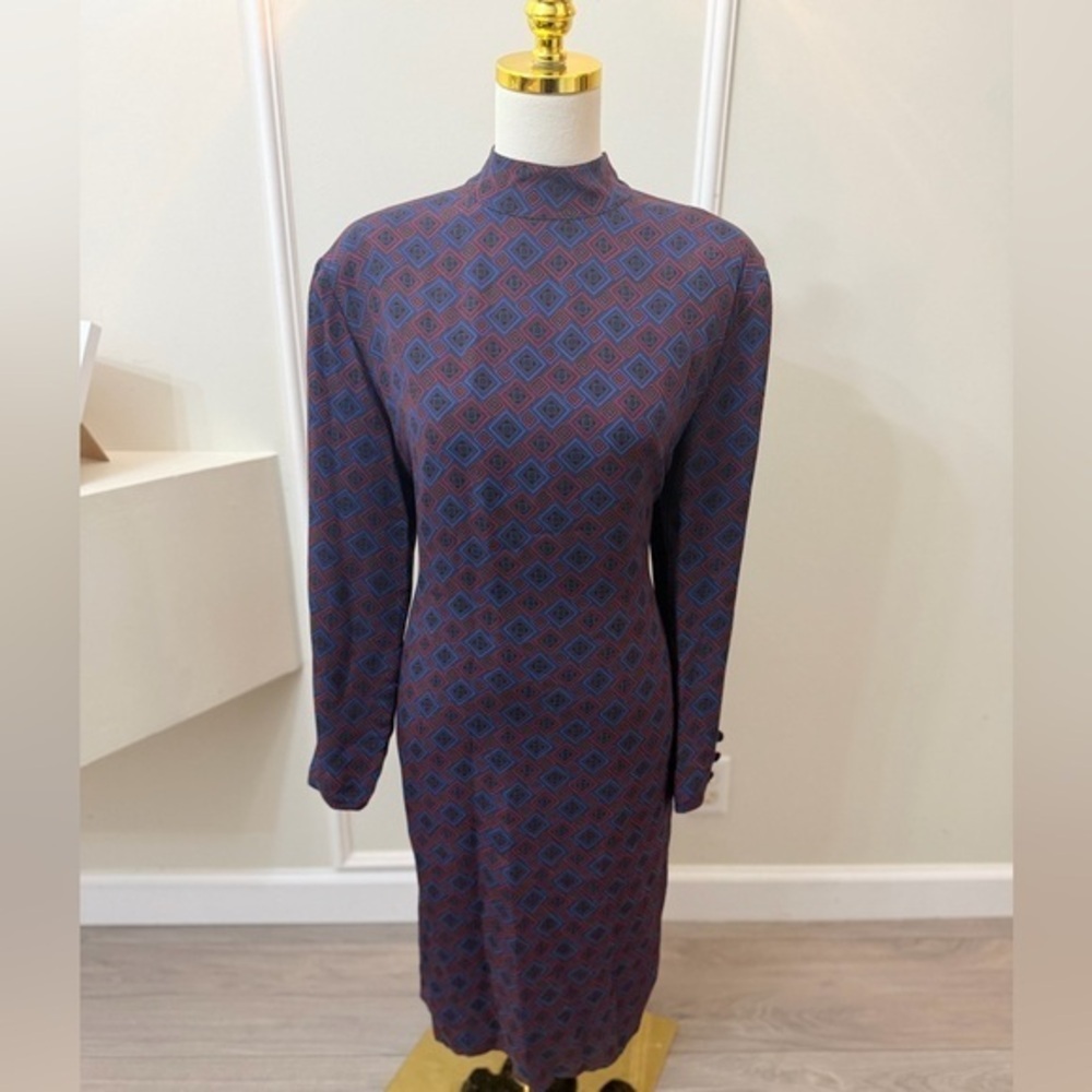 Talbots Navy and Burgundy Geometric Mock Neck Midi Dress
